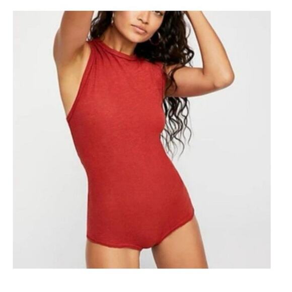 Free People All The Time Linen Blend Bodysuit Red Orange size Small - Picture 2 of 11